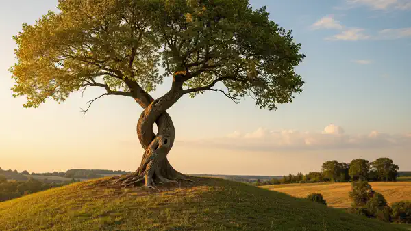 Two mature trees, growing intertwined on a knoll overlooking a cultivated field.
