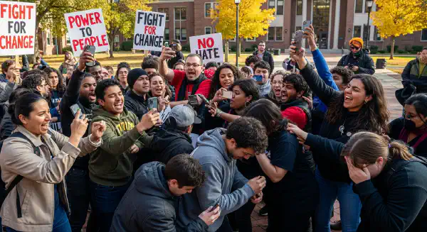 Protesters chant and record themselves under signs for justice; in the foreground, several individuals cower or cover their faces in visible distress.