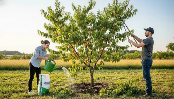 Two people working together. One waters a peach tree, the other prunes it.