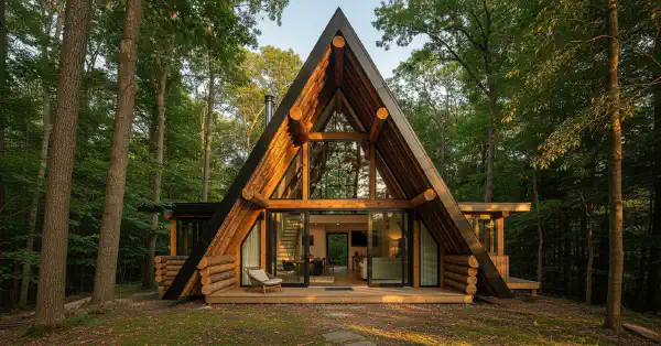 An A-Frame house with a rooof of verticlly-aligned logs, standing in a forest.