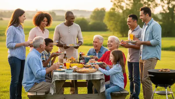 A picnic of diverse individuals, sharing good times, good food, and good thoughts.