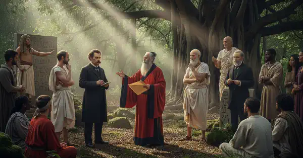 A group of philosophers, from different regions and eras, debating in a forest.